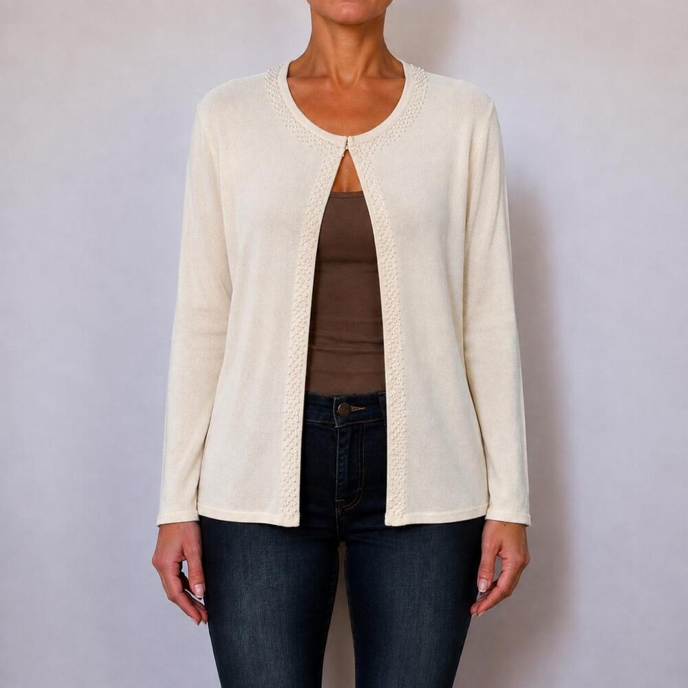 Vintage 90s Pursuits LTD Romantic Ivory Silk Beaded Cardigan Sweater Size Large